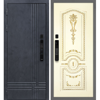Входная дверь Осло смарт/Смальта 11 -- Бетон антрацит / Слоновая кость ral 1013 патина золото