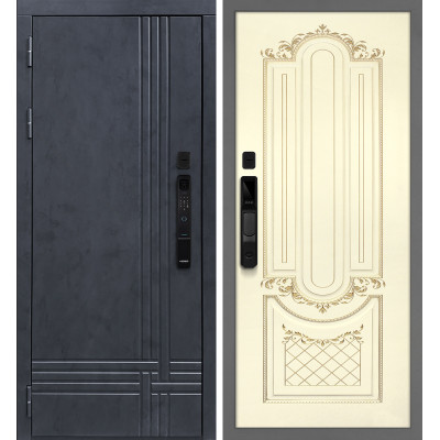 Входная дверь Осло смарт/Смальта 13 -- Бетон антрацит / Слоновая кость ral 1013 патина золото