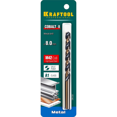 Сверло по металлу 8.0*117мм Крафтул, Kraftool Cobalt, HSS-Co(8%), Кобальт М42(S2-10-1-8), 29656-8