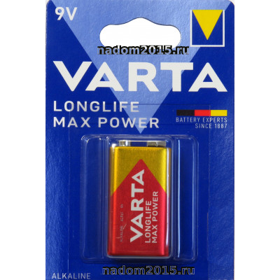 Батарейка Крона 6LR61 9V, Алкалиновый, Варта, Varta Longlife Max Power