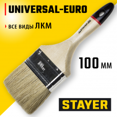 Кисть плоская 100мм, 4″, натуральная светлая щетина, деревянная ручка, все виды ЛКМ, Stayer Universal 0102-100