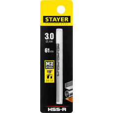 Сверло по металлу 3.0*61мм Стаер, Stayer Professional HSS-R, быстрорежущая сталь P6M5, 29602-3
